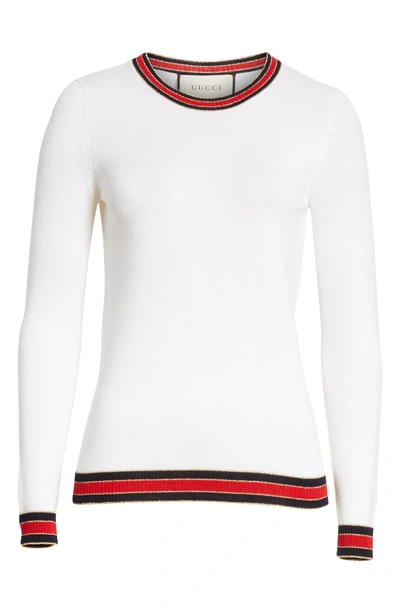 Shop Gucci Stripe Trim Wool Sweater In 9016 Nat White B/ R/ B