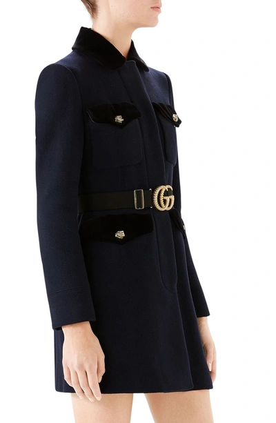 Shop Gucci Gg Belt Velvet Trim Coat In 4795 Ink/ Mc