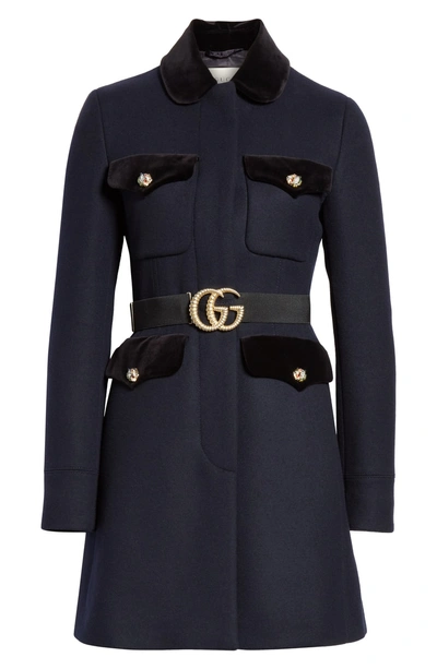 Shop Gucci Gg Belt Velvet Trim Coat In 4795 Ink/ Mc