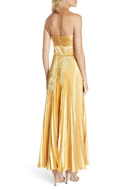 Shop Amur Belle Pleated Satin Strapless Gown In Gold