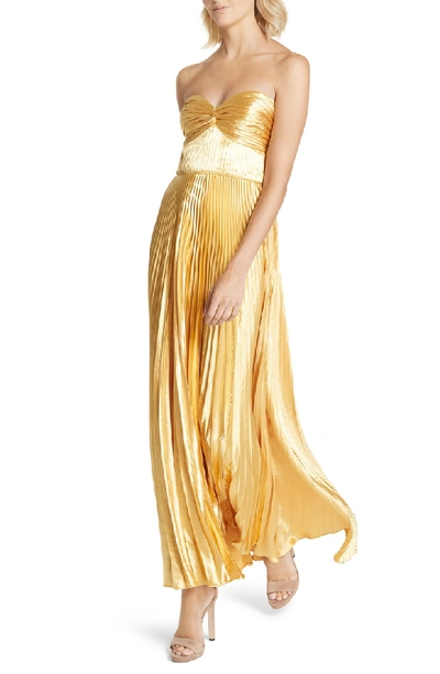 Shop Amur Belle Pleated Satin Strapless Gown In Gold