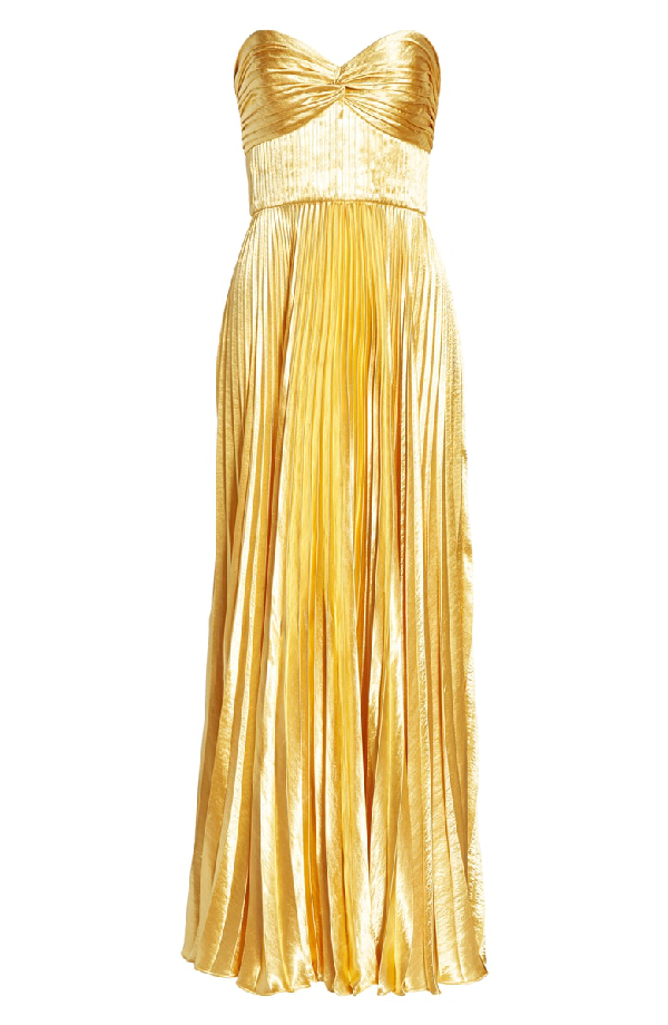 Amur Belle Pleated Satin Strapless Gown In Gold | ModeSens