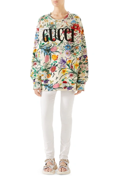 Shop Gucci Floral Print Cotton Jersey Sweatshirt In 9510 Ivory/ Multicolor Prt