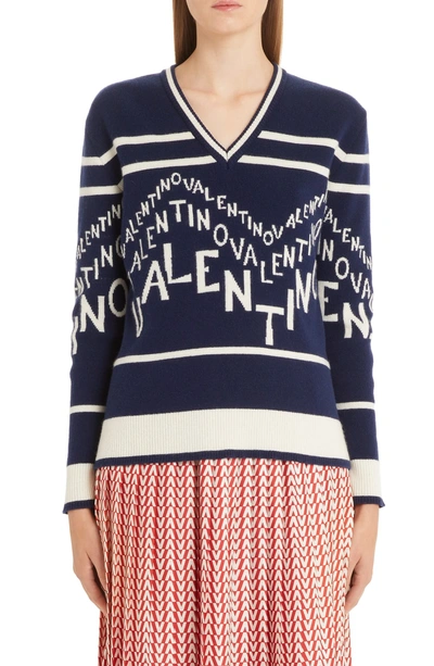 Shop Valentino Chevron Logo Wool & Cashmere Sweater In Almond/ Pure Blue