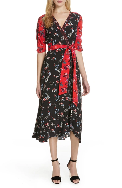 Shop Tanya Taylor Blare Floral Clusters Silk Dress In Red/ Black