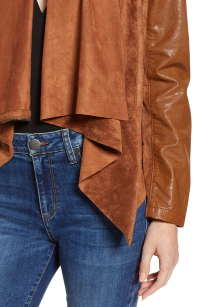 Shop Blanknyc Mixed Media Faux Leather Drape Front Jacket In Coffee Bean