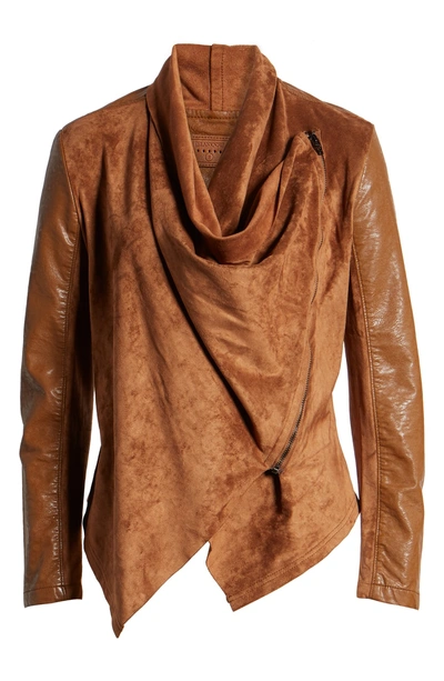 Shop Blanknyc Mixed Media Faux Leather Drape Front Jacket In Coffee Bean