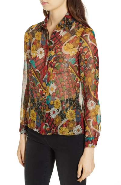 Shop Alice And Olivia Willa Metallic Silk Shirt In Floral Melody Multi