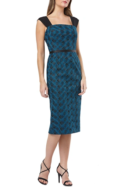 Shop Kay Unger Geometric Embroidered Sheath In Teal