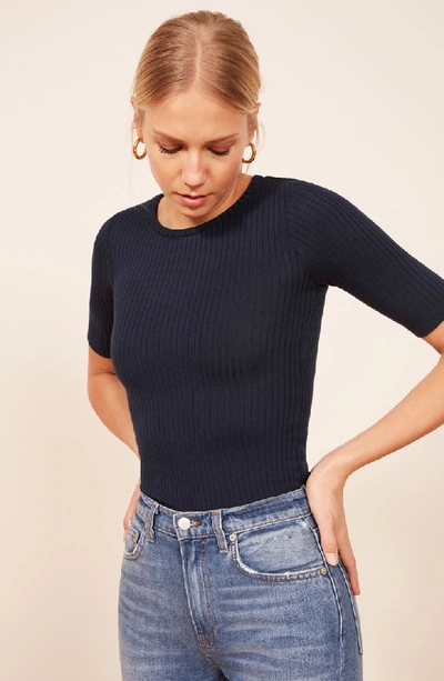 Shop Reformation Janine Ribbed Top In Navy