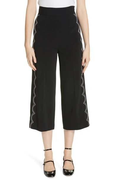 Shop Red Valentino Scalloped Contrast Stitch Crop Wide Leg Pants In Nero
