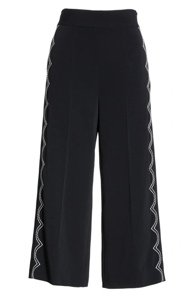 Shop Red Valentino Scalloped Contrast Stitch Crop Wide Leg Pants In Nero