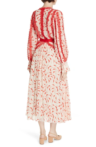 Shop Self-portrait Crescent Print Chiffon Midi Dress In Cream-red