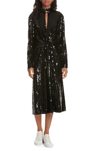 Shop Tibi Avril Sequin Midi Dress In Black/ Navy Multi