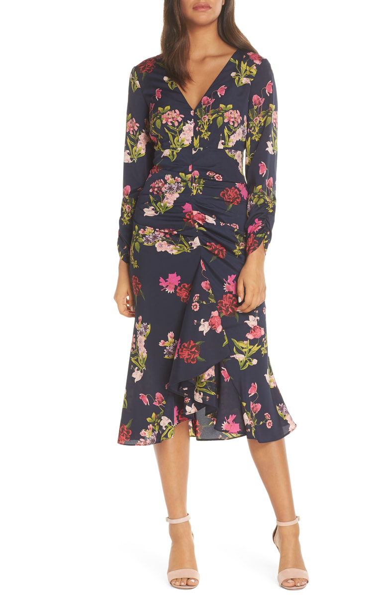 navy ruched midi dress