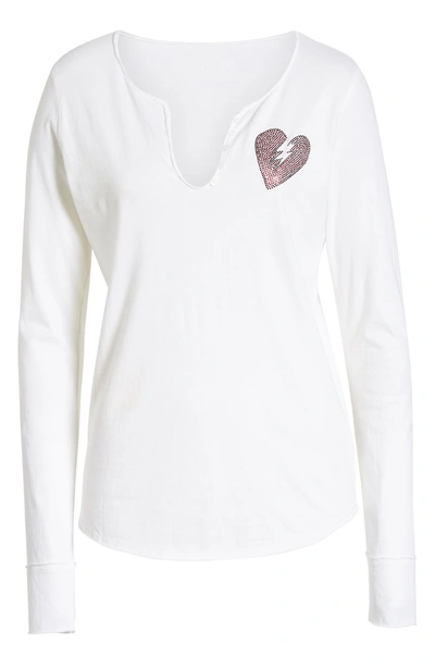 Shop Zadig & Voltaire Crystal Heart Detail Split Neck Cotton Top In Blanc