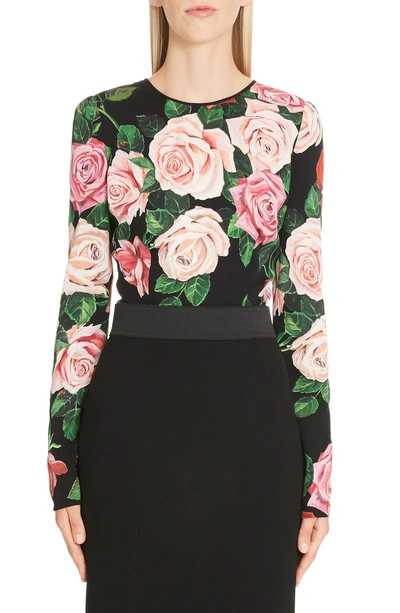 Shop Dolce & Gabbana Rose Print Stretch Silk Top In Black Rose