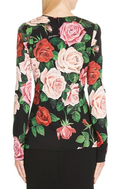 Shop Dolce & Gabbana Rose Print Stretch Silk Top In Black Rose