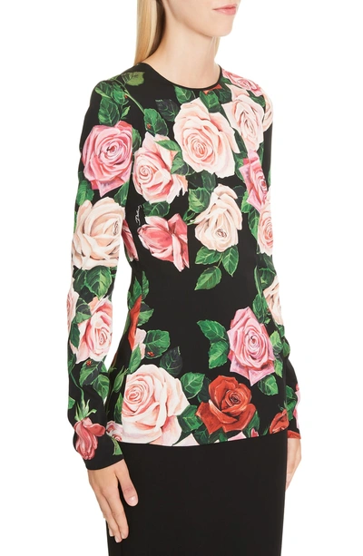 Shop Dolce & Gabbana Rose Print Stretch Silk Top In Black Rose