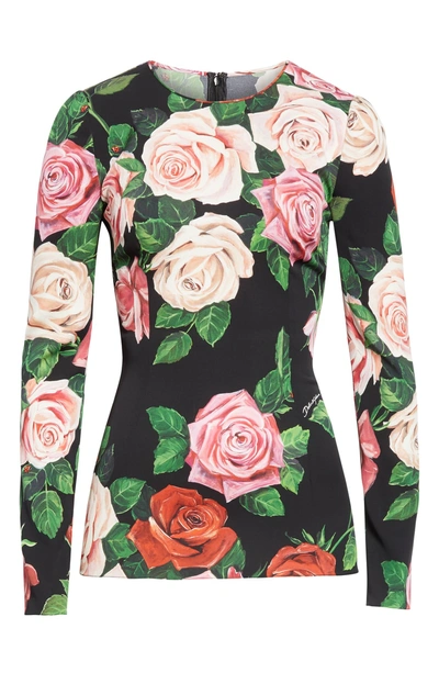 Shop Dolce & Gabbana Rose Print Stretch Silk Top In Black Rose