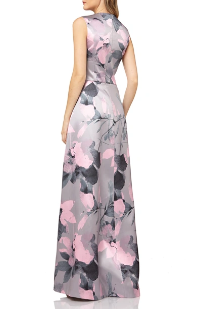 Shop Kay Unger Floral Print Satin Gown In Pink/ Gray