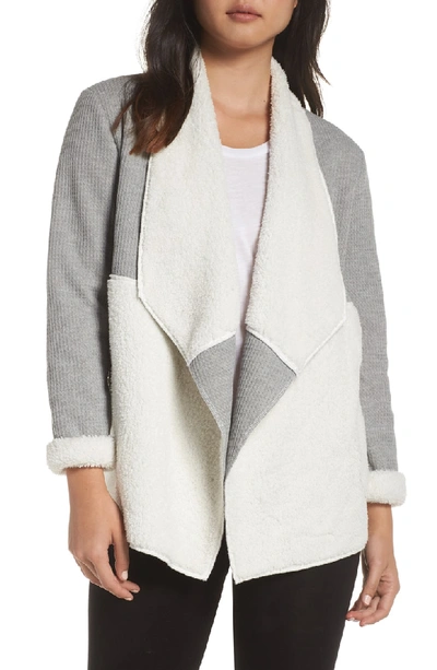 Shop Splendid Fleece Waffle Knit Cardigan In Heather Grey/ Cloud Dancer