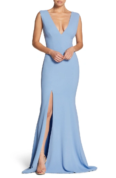 Shop Dress The Population Sandra Plunge Crepe Trumpet Gown In Ice Blue