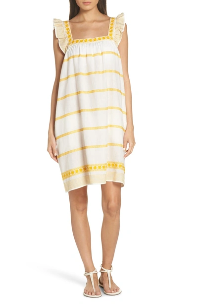 Shop Tory Burch Embroidered Ruffle Strap Linen & Cotton Dress In New Ivory/ Goldfinch