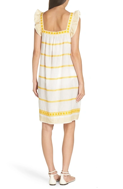 Shop Tory Burch Embroidered Ruffle Strap Linen & Cotton Dress In New Ivory/ Goldfinch