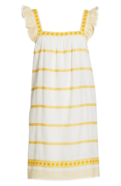Shop Tory Burch Embroidered Ruffle Strap Linen & Cotton Dress In New Ivory/ Goldfinch