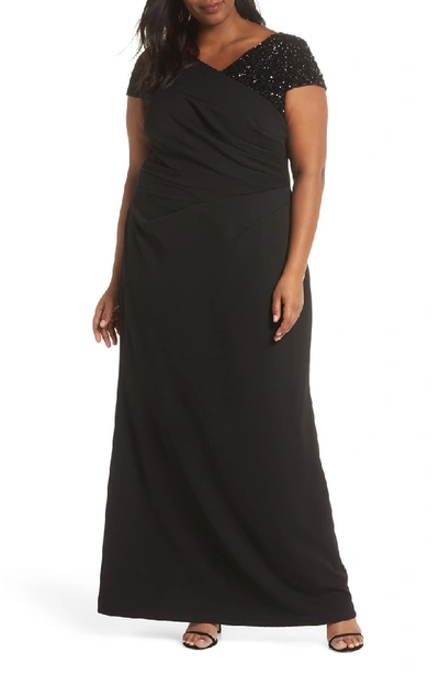 Shop Adrianna Papell Beaded Shoulder Ruched Gown In Black