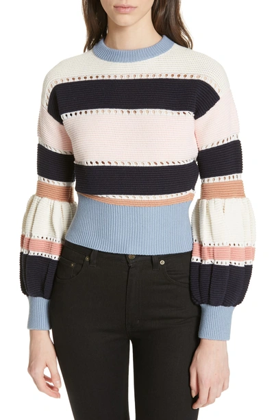 Shop Self-portrait Stripe Puff Sleeve Crop Sweater In Multi