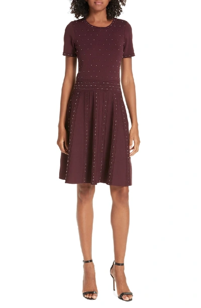 Shop Sandro Montaigne Metallic Bead Fit & Flare Dress In Burgundy