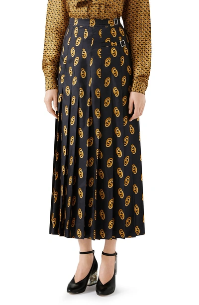 Shop Gucci Pleated Gg Silk Twill Skirt In 1744 Black/ Gold Printed