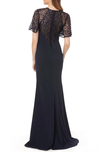 Shop Carmen Marc Valvo Infusion Sequin Lace Sleeve Crepe Gown In Midnight