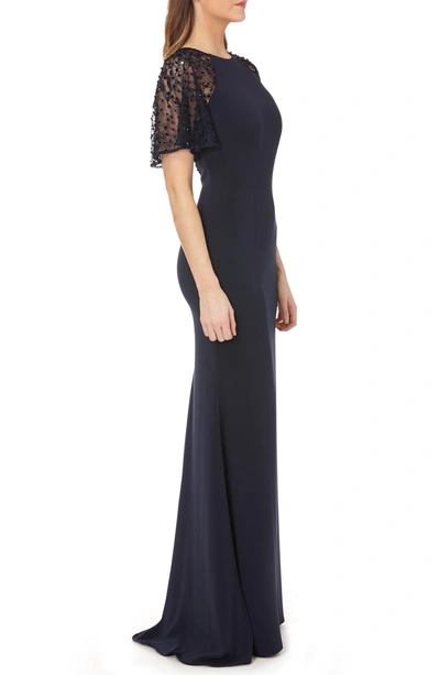 Shop Carmen Marc Valvo Infusion Sequin Lace Sleeve Crepe Gown In Midnight