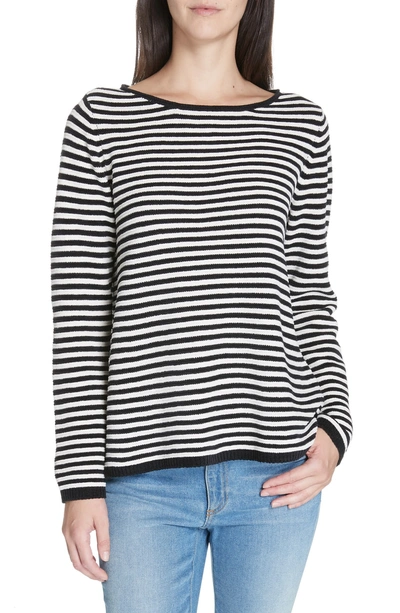 Shop Eileen Fisher Stripe Organic Cotton Chenille Sweater In Soft White/ Black