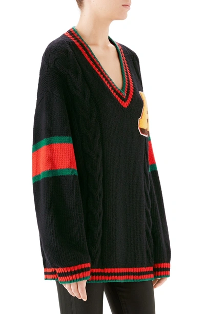 Shop Gucci Cable Knit Wool Varsity Sweater In 1082 Black/ Multicolor