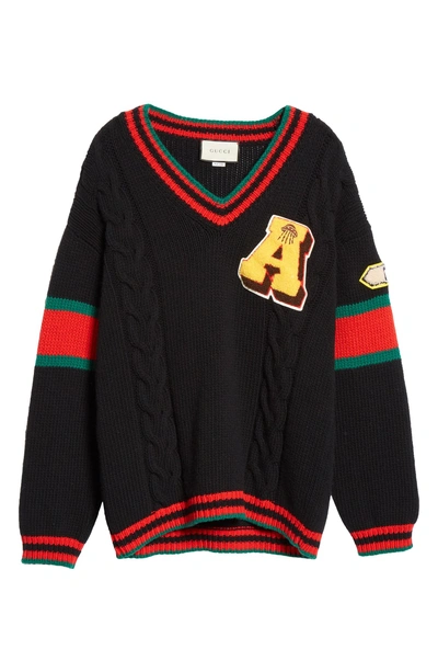 Shop Gucci Cable Knit Wool Varsity Sweater In 1082 Black/ Multicolor