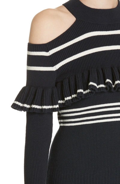 Shop Self-portrait Stripe Ruffle Trim Knit Minidress In Navy-ivory