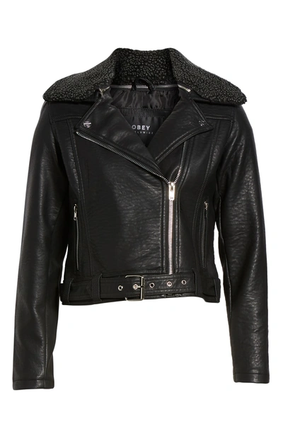 Shop Obey Joey Faux Shearling Collar Faux Leather Moto Jacket In Black