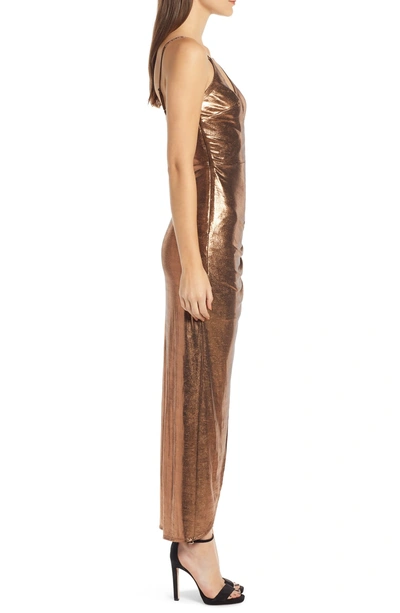 Shop Wayf Sonnie Ruched Metallic Dress In Bronze Foil