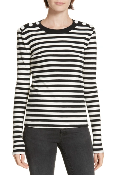 Shop Veronica Beard Mayer Button Shoulder Stripe Top In Black/ White