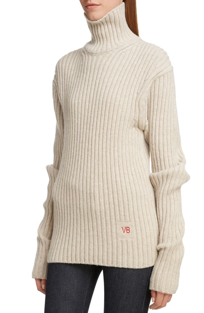 Shop Victoria Beckham Ribbed Wool Turtleneck Sweater In Oatmeal
