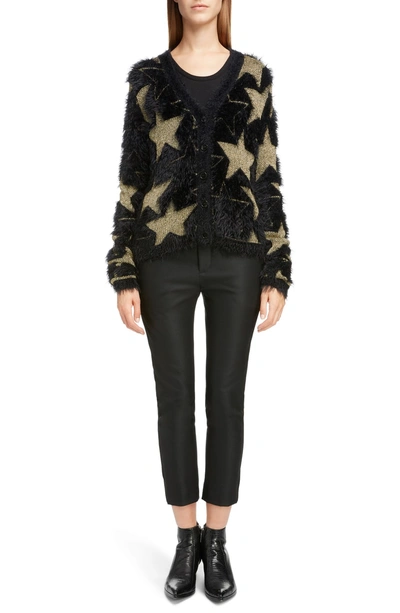 Shop Saint Laurent Metallic Star Jacquard Eyelash Cardigan In Noir / Orange