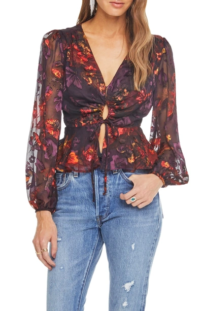 Shop Astr Gianna Front Tie Peplum Blouse In Plum/ Red Floral