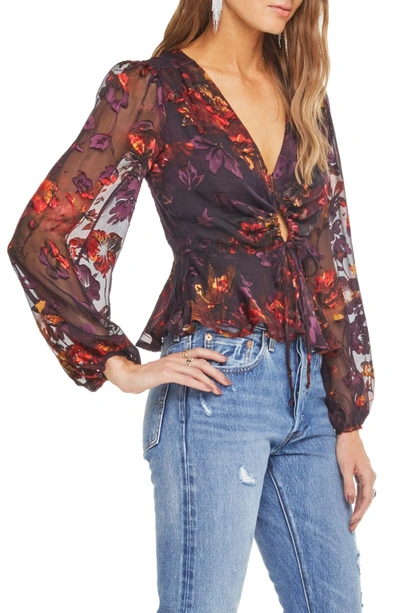 Shop Astr Gianna Front Tie Peplum Blouse In Plum/ Red Floral