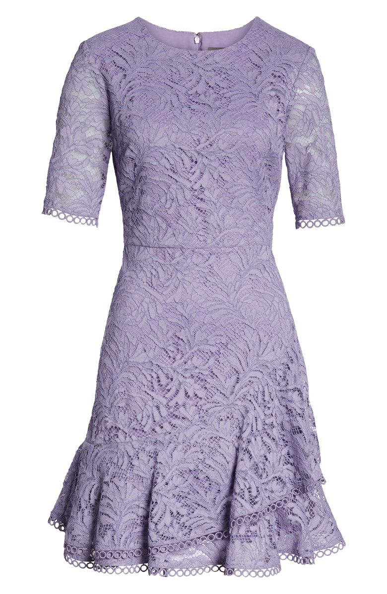 vince camuto asymmetrical ruffle lace fit & flare dress