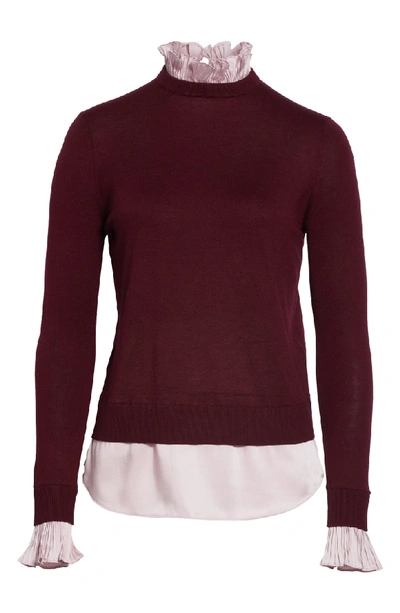 Shop Ted Baker Kaarina Pleat Neck Mix Media Top In Oxblood