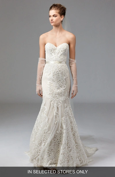 Shop Watters Alice Embroidered Strapless Mermaid Wedding Dress In Ivory/champagne/vanilla Bean